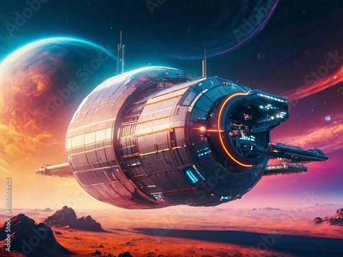 Wallpaper Mural Spaceship in space. An 80s-style space station where people explore distant galaxies in spaceships amid colorful space. Torontodigital.ca