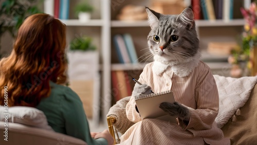 Cat as a therapist listening to a woman client and writing notes, anthropomorphic animal