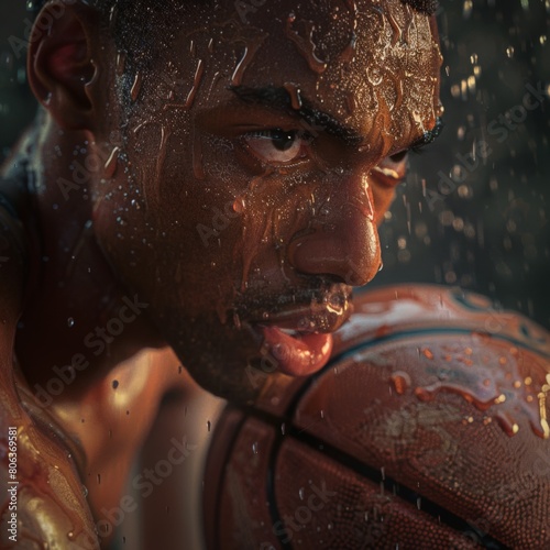 Close-up of a basketball player with his face covered in sweat. His focused gaze shows determination and concentration.