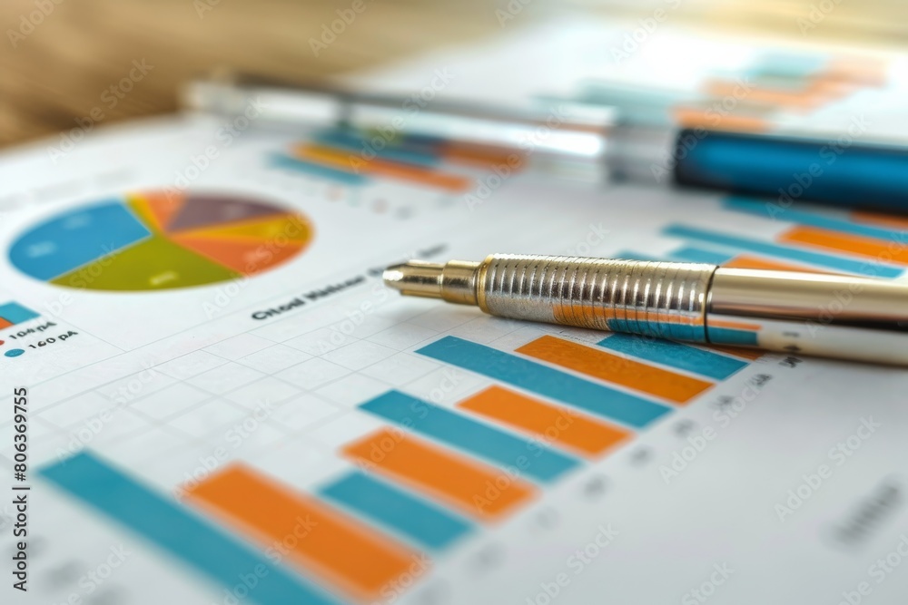 Vibrant business charts showing pie graphs and bar graphs with pens laying on top Vibrant business charts showing pie graphs and bar graphs with pens laying on top