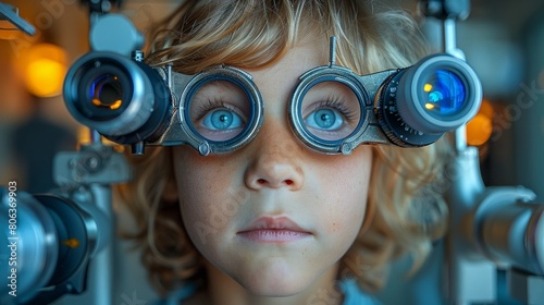 Eye exam for children. The child is wearing a special glasses for checking eyesight photo