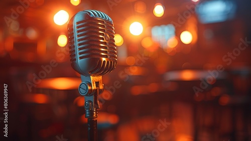 Retro silver microphone on stage with warm bokeh lights background  closeup.