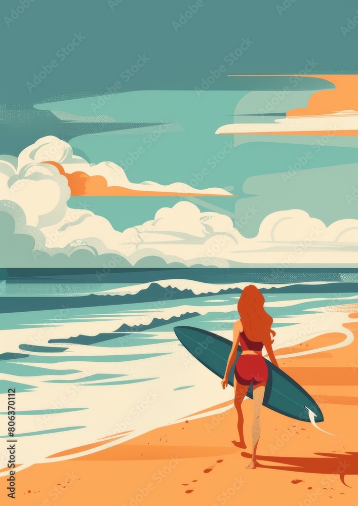 Illustration of a surfer girl walking on the beach holding a surfboard and looking on waves, generated with AI