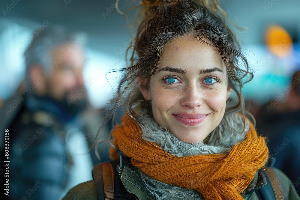 Close-up portrait of a beautiful young woman with blue eyes and a warm smile. She is wearing a brown scarf and a green jacket. The background is blurred. Close-up portrait of a beautiful young woman with blue eyes and a warm smile. She is wearing a brown scarf and a green jacket. The background is blurred.