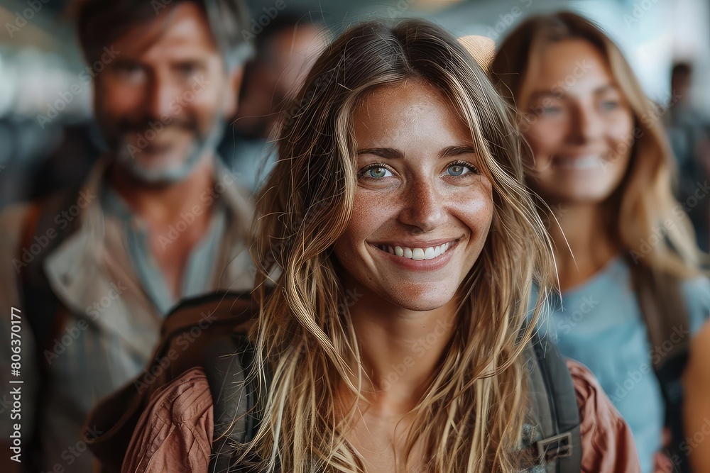 A young woman with long blonde hair smiles at the camera. She is standing in front of a group of people. They are all smiling and look happy. A young woman with long blonde hair smiles at the camera. She is standing in front of a group of people. They are all smiling and look happy.