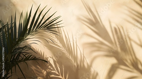 Shadows of Tropical Plants on a khaki Plaster Wall. Exotic Background for Product Presentation