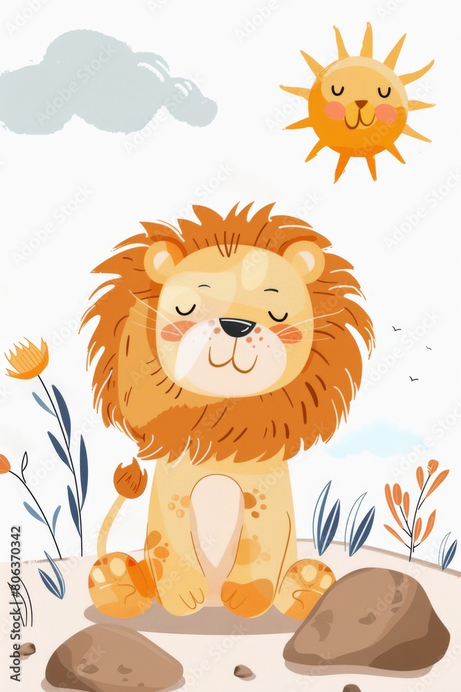 Cute boho nursery print of a lion brown rocks infront, simple shape, perfect for kindergarten, pastel color, white background, generated with AI Cute boho nursery print of a lion brown rocks infront, simple shape, perfect for kindergarten, pastel color, white background, generated with AI