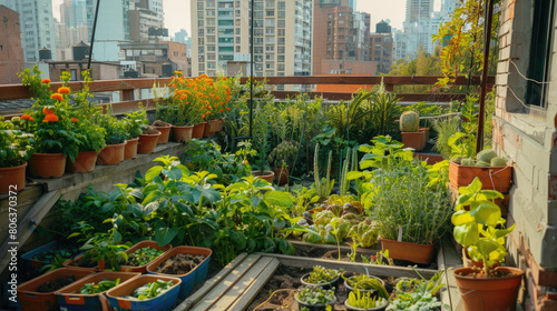 Urban garden on a city rooftop filled with green plants and vegetables, 
 Organic Green Plants and Environment in City.