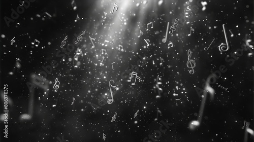 Enigmatic swirls of musical notes in a dynamic black background, suggesting the energy and motion of a musical performance
