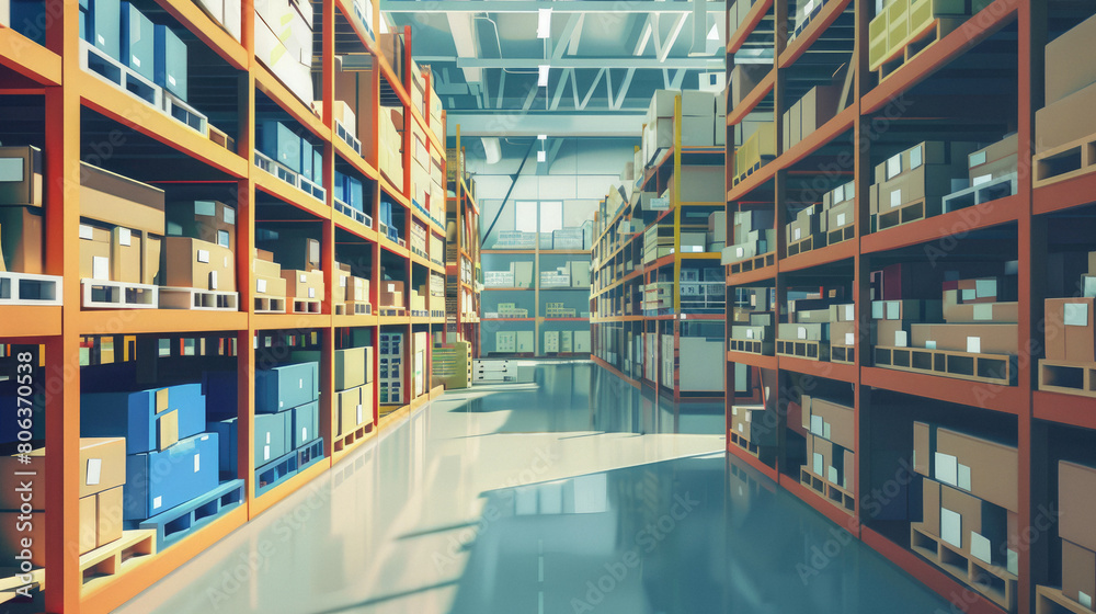 Vector concept for inventory management, with warehouse shelves filled with goods and barcode scanning.