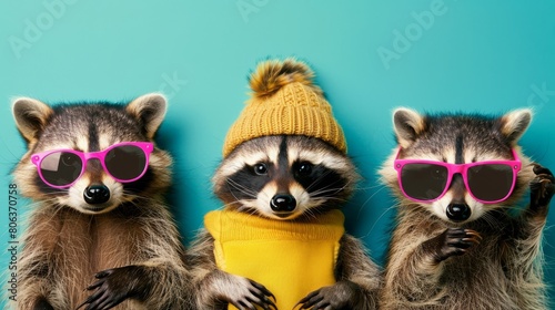 Three adorable raccoons posing with stylish sunglasses against a blue background, giving a fun and playful vibe to the viewer © Vuk