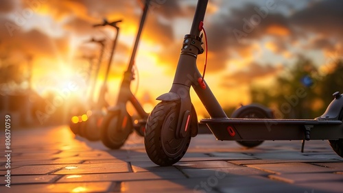 Convenient City Transportation: Electric Scooters Lined Up Against Sunset Backdrop. Concept City Transportation, Electric Scooters, Sunset Backdrop, Urban Mobility, Sustainable Commuting photo