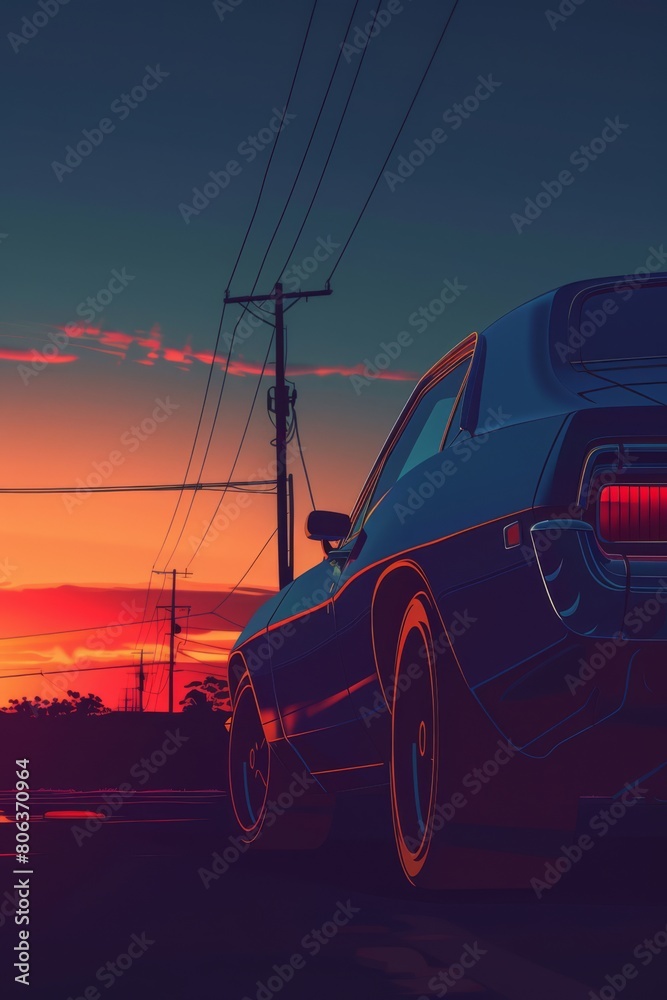 Illustration style, side view of a car, panoramic view, generated with AI