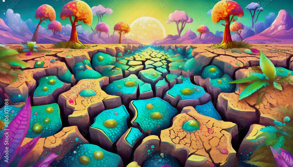 oil painting style cartoon illustration cracked earth parched land arid soil desert climate change, 