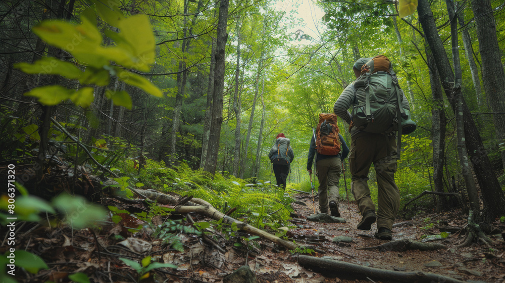 Young adults navigating a forest trail with backpacks and hiking gear.