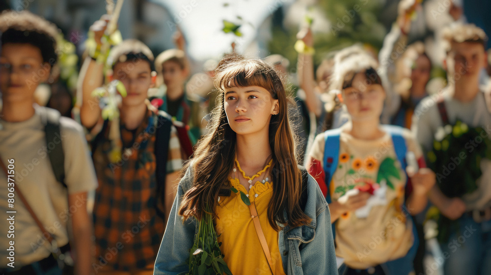 Fototapeta premium Portrait of Youth environmental group marching in a rally for climate action.