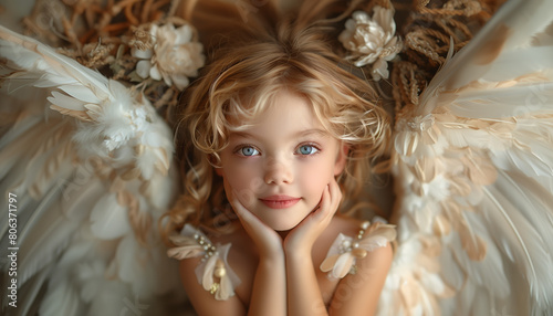 Beautiful little angel child, white feather wings, dreamy romantic atmosphere. Faith and hope concept. Beautiful background for christmas, mother's day, birthday cards, poster, wallpapers etc. 
