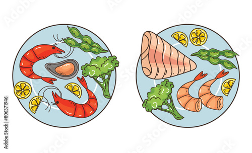 Fish seafood salmon, shrimp, oysters, tuna, tilapia, octopus, squid, tentacles dish meal isolated set. Cooking ingredient restaurant menu concept. Vector cartoon graphic design element illustration