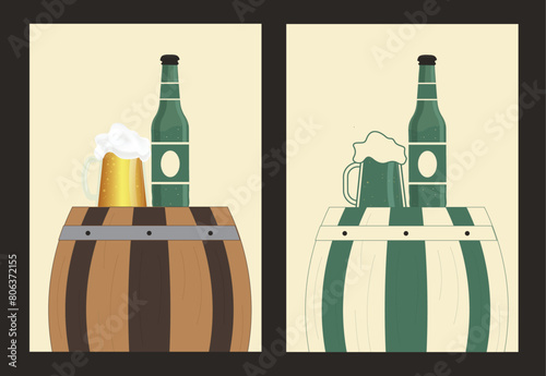 Bear barrel with mug and beer bottle on top . Alcohol and drink. vintage style. illustration for web, invitation to beer party. Retro poster with beer barrel. beverage theme- Stock vector