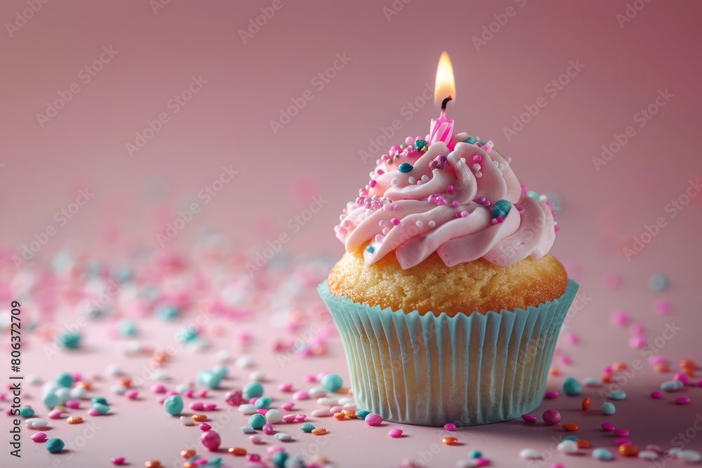 Photography, birthday cupcake with candle, plain background with space for text, pastel shades , generated with ai Photography, birthday cupcake with candle, plain background with space for text, pastel shades , generated with ai