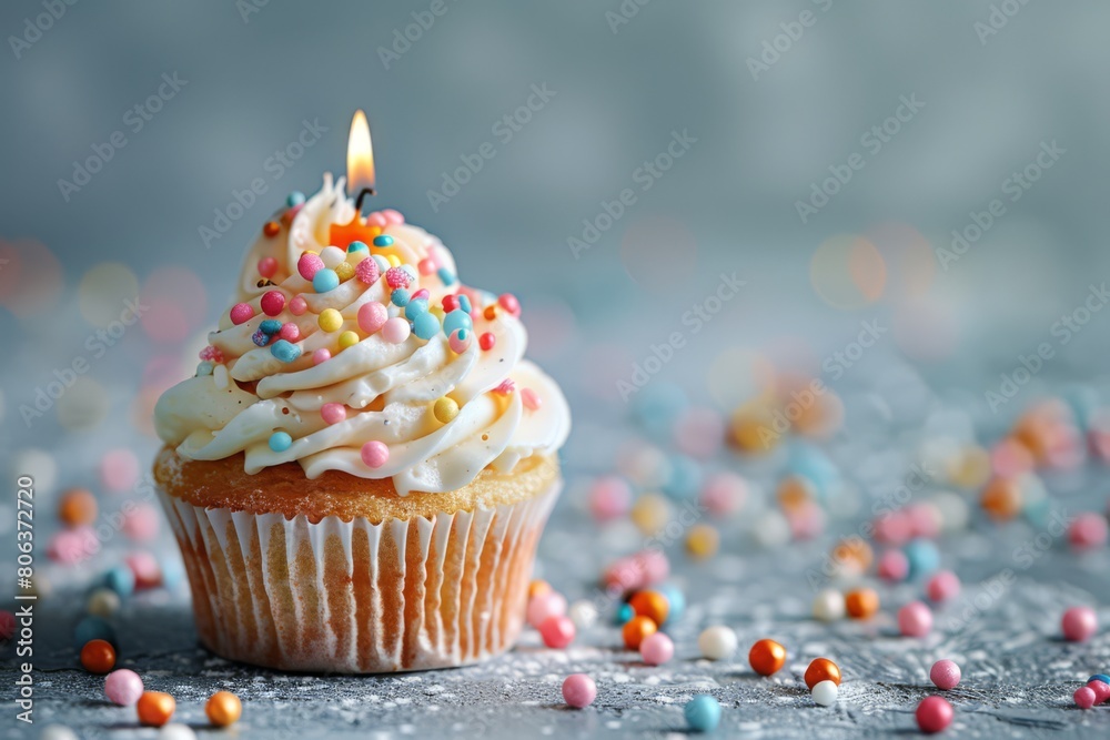 Photography, birthday cupcake with candle, plain background with space for text, pastel shades , generated with ai