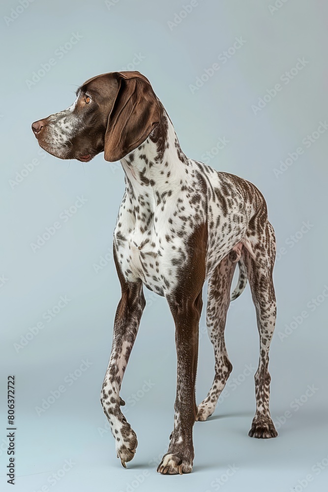 Photograph of hunting dog walking towards the right in front of a light blue background. , generated with ai