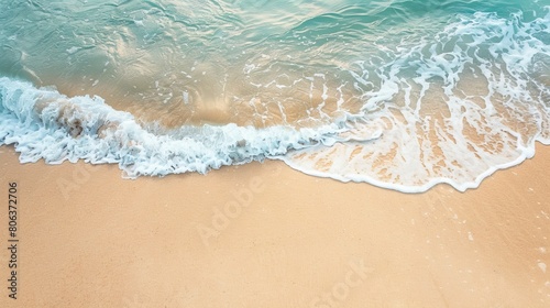 Photograph of beige sand and water, gentle waves in the background, muted colors, tranquil beach scene , generated with ai