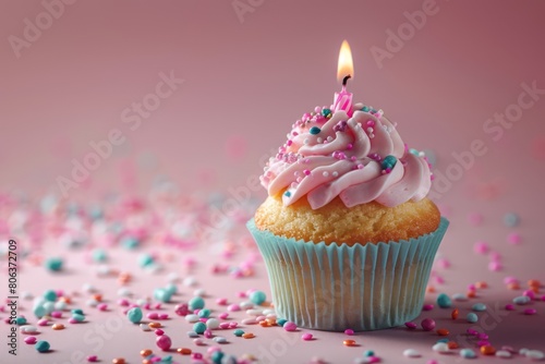 Photography  birthday cupcake with candle  plain background with space for text  pastel shades   generated with ai