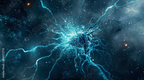 a blue digital visualization of a neuron that transmits nerve impulses. Neuron cells with glowing link knots