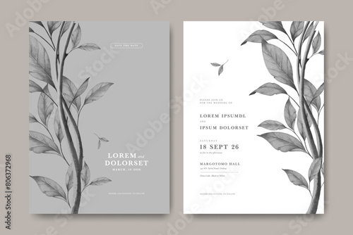 wedding invitation card with leaf grey and white background	