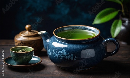 Tea ceremony. Green tea  teapot and cups.