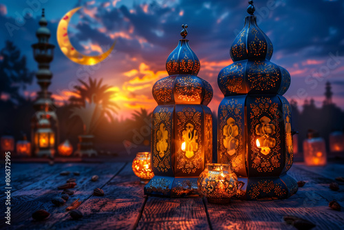 Ornate Ramadan lanterns against a sunset backdrop, ideal for religious celebrations and event promotions. Card for an Islamic holiday.