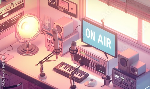 And the 80's radio studio old equimpent showing a lot of the room ready for broadcast, isometric anime style, daylight, pastel color palette, estamplising shot , generated with ai