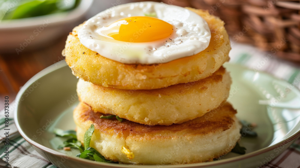 Delicious stack of golden-brown arepas topped with a perfectly fried egg, representing the rich cuisine of colombia