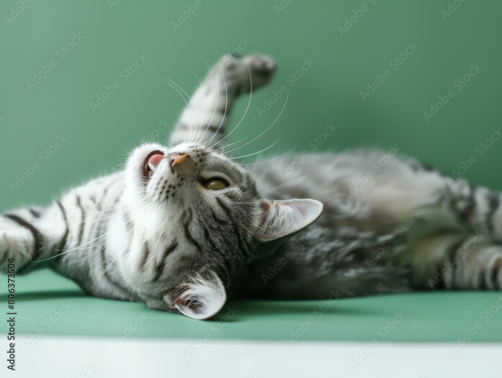 Naklejka premium silver American shorthair tabby cat lying on the white and green background, happy, funny, generated with AI