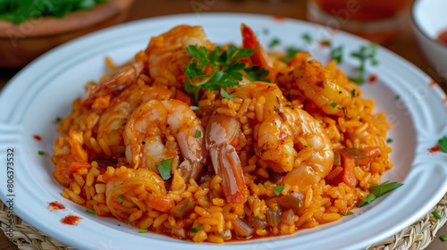 Close-up of a delicious colombian shrimp rice dish garnished with fresh herbs, served on a white plate with a rustic backdrop