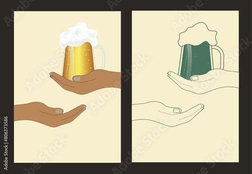 one hand holding out a beer mug and the other receiving it. Alcohol and drink. vintage style. illustration for web, invitation to beer party. Retro poster with hands and beer - Stock vector