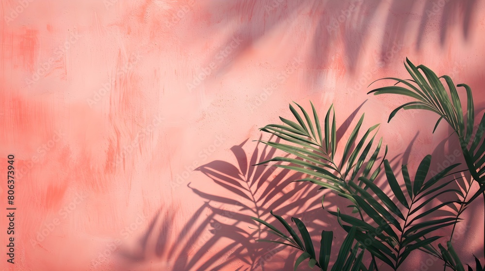 Shadows of Tropical Plants on a pink Plaster Wall. Exotic Background for Product Presentation