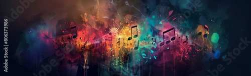 Abstract colorful background with musical elements in the form of notes and a treble clef. Space for text and logo.