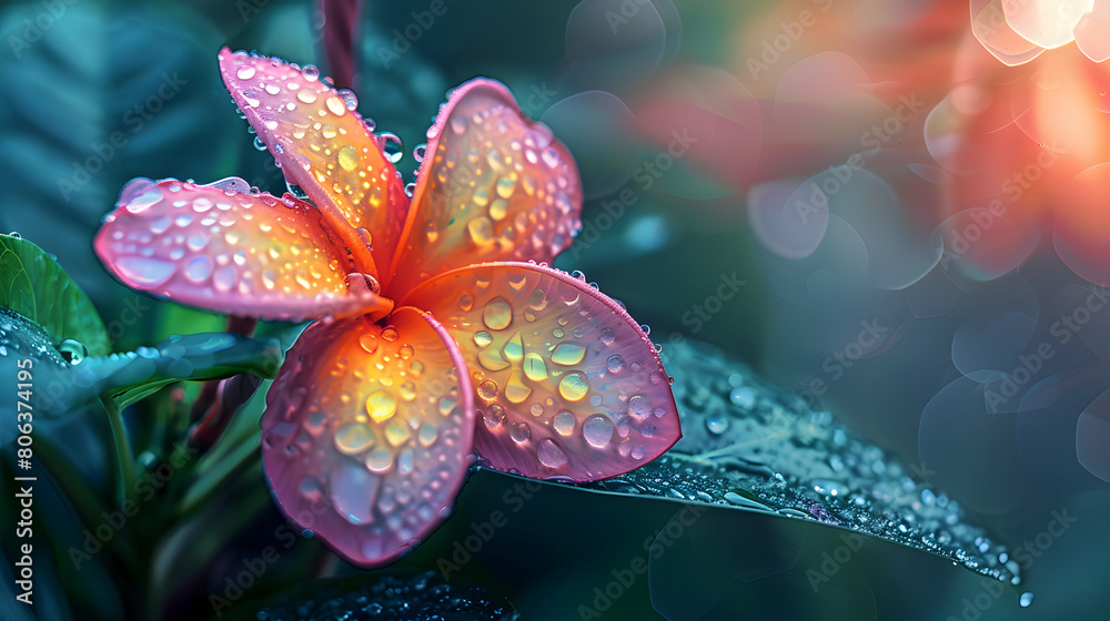 Beautiful plumeria flower with dew drops after the rain.