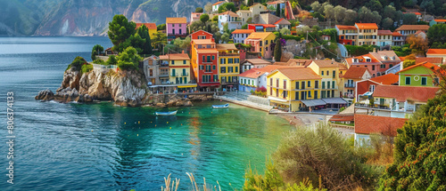 Vibrant Mediterranean village nestled along the coast, with colorful houses overlooking the serene blue waters. © Szalai