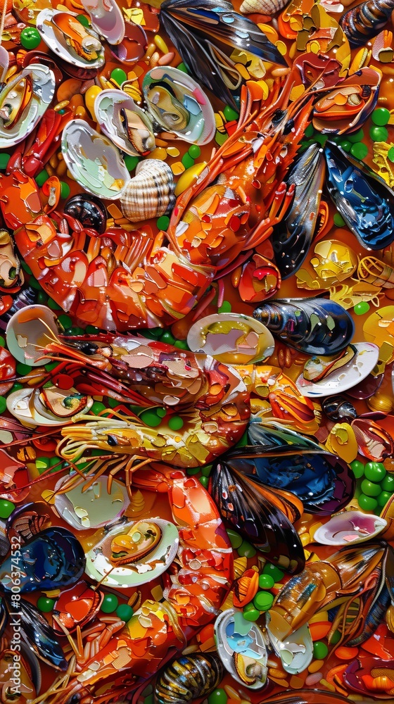 Spanish Paella, a colorful rice dish with seafood, generated with AI