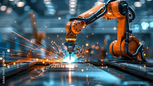 Efficient Welding by Factory Robot Arm. Concept Automated welding, Industrial robotics, Factory automation, Precision welding, Modern manufacturing photo