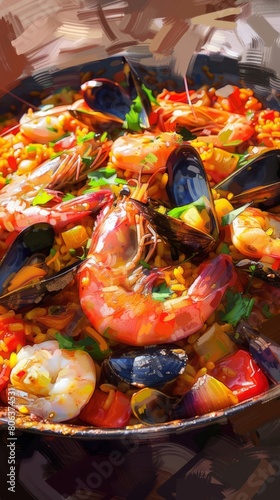 Paella, a colorful rice dish with seafood, generated with AI