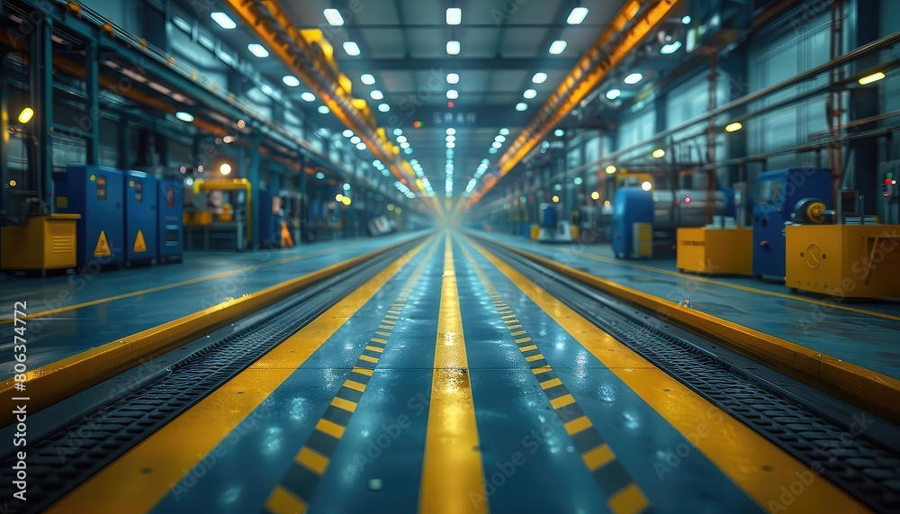 Inside a large, modern factory with yellow markings on the floor.