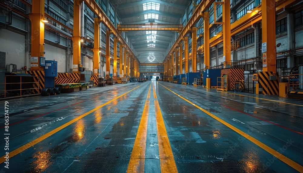 Fototapeta premium Inside a large empty warehouse with yellow markings on the floor and large yellow beams supporting the roof.