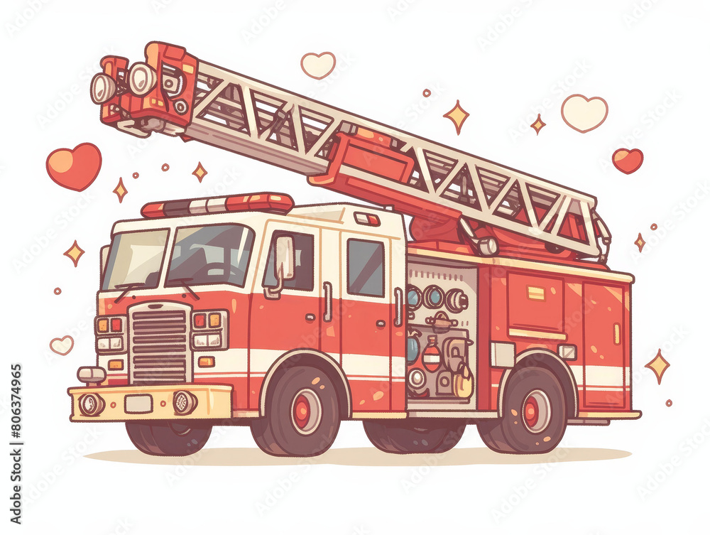 A cute cartoon fire truck with hearts and sparkles.