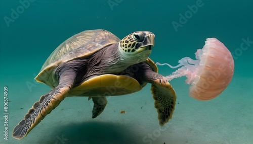 A Turtle With Its Beak Nipping At A Passing Jellyf