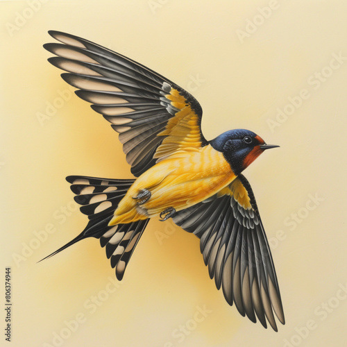 black and yellow barn swallow flying