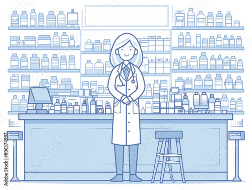 A female pharmacist is standing in a pharmacy, wearing a lab coat and stethoscope